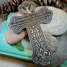 Load image into Gallery viewer, Confirmation Wall Cross, Christian Gift, Pewter Celtic Cross, Communion Gift, Teen&#39;s Cross Gift, Religious Prayer, Bible Verse Cross
