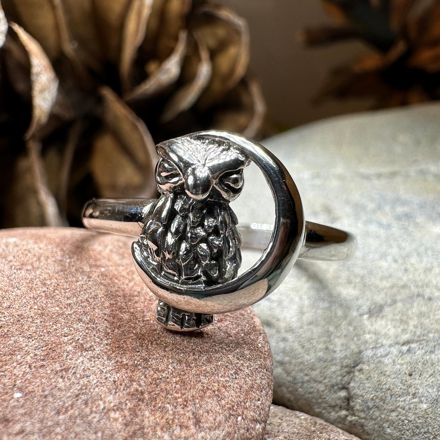 Owl Ring, Moon Jewelry, Silver Owl Jewelry, Nature Jewelry, Celtic Jewelry, Anniversary Gift, Wiccan Jewelry, Pagan Jewelry, Crescent Moon