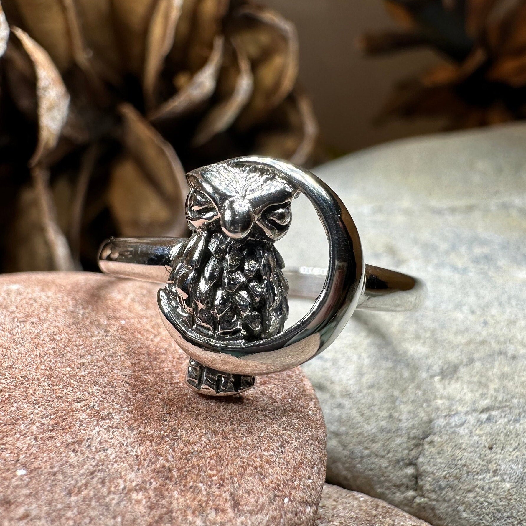Owl Ring, Moon Jewelry, Silver Owl Jewelry, Nature Jewelry, Celtic Jewelry, Anniversary Gift, Wiccan Jewelry, Pagan Jewelry, Crescent Moon
