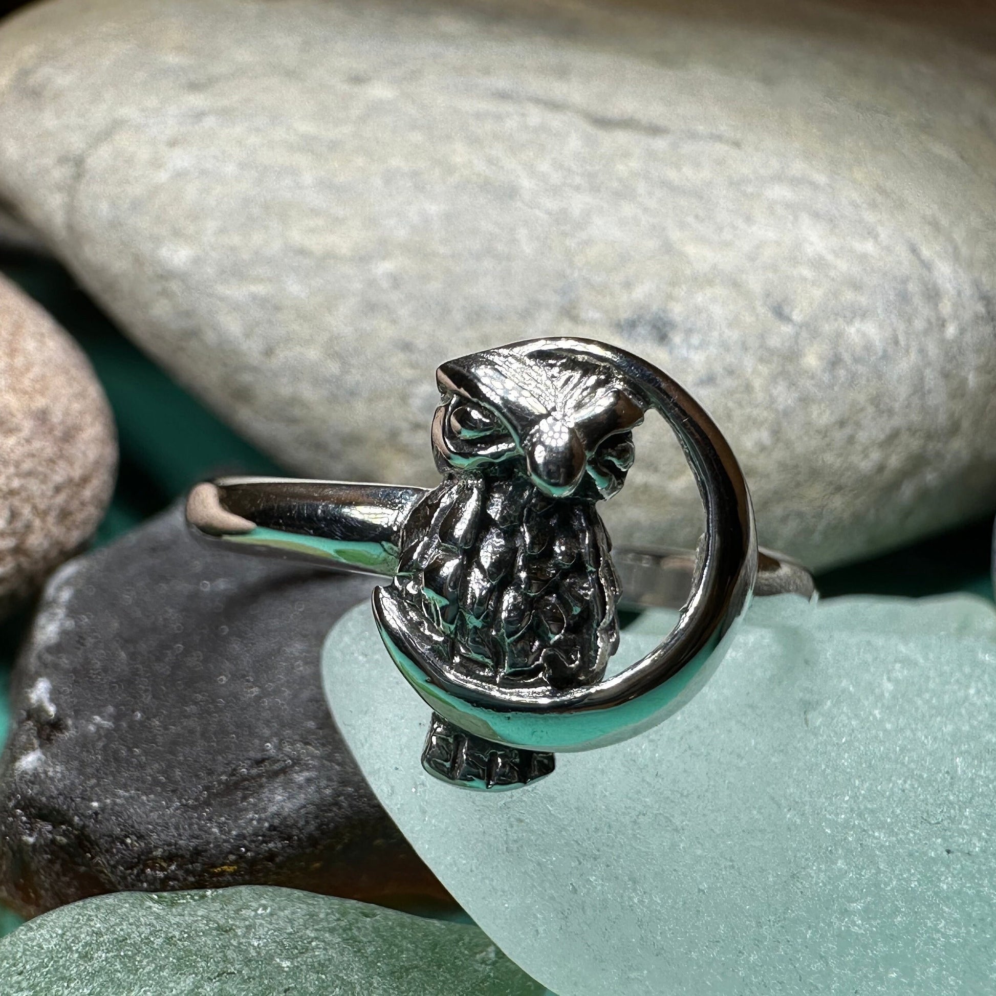 Owl Ring, Moon Jewelry, Silver Owl Jewelry, Nature Jewelry, Celtic Jewelry, Anniversary Gift, Wiccan Jewelry, Pagan Jewelry, Crescent Moon