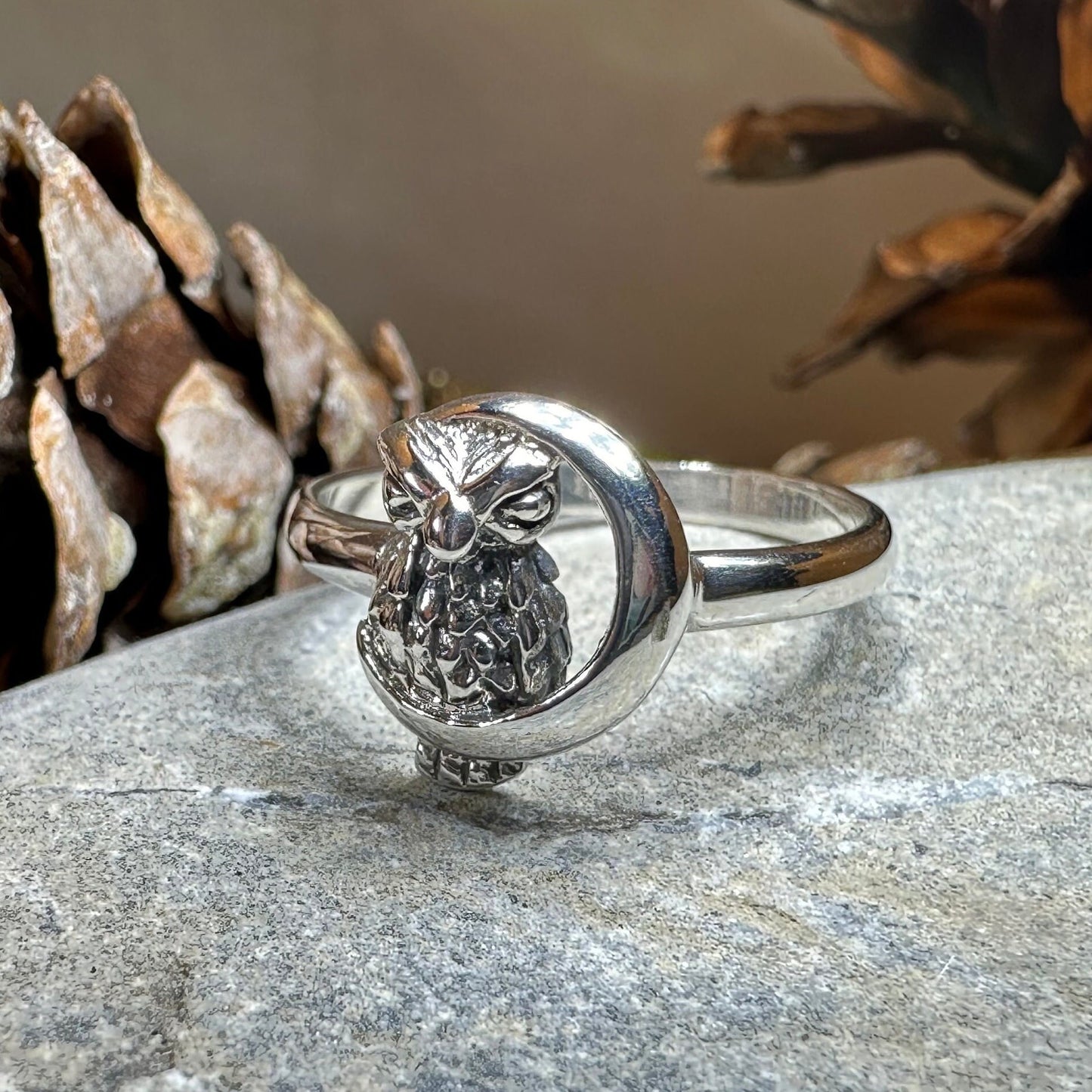 Owl Ring, Moon Jewelry, Silver Owl Jewelry, Nature Jewelry, Celtic Jewelry, Anniversary Gift, Wiccan Jewelry, Pagan Jewelry, Crescent Moon