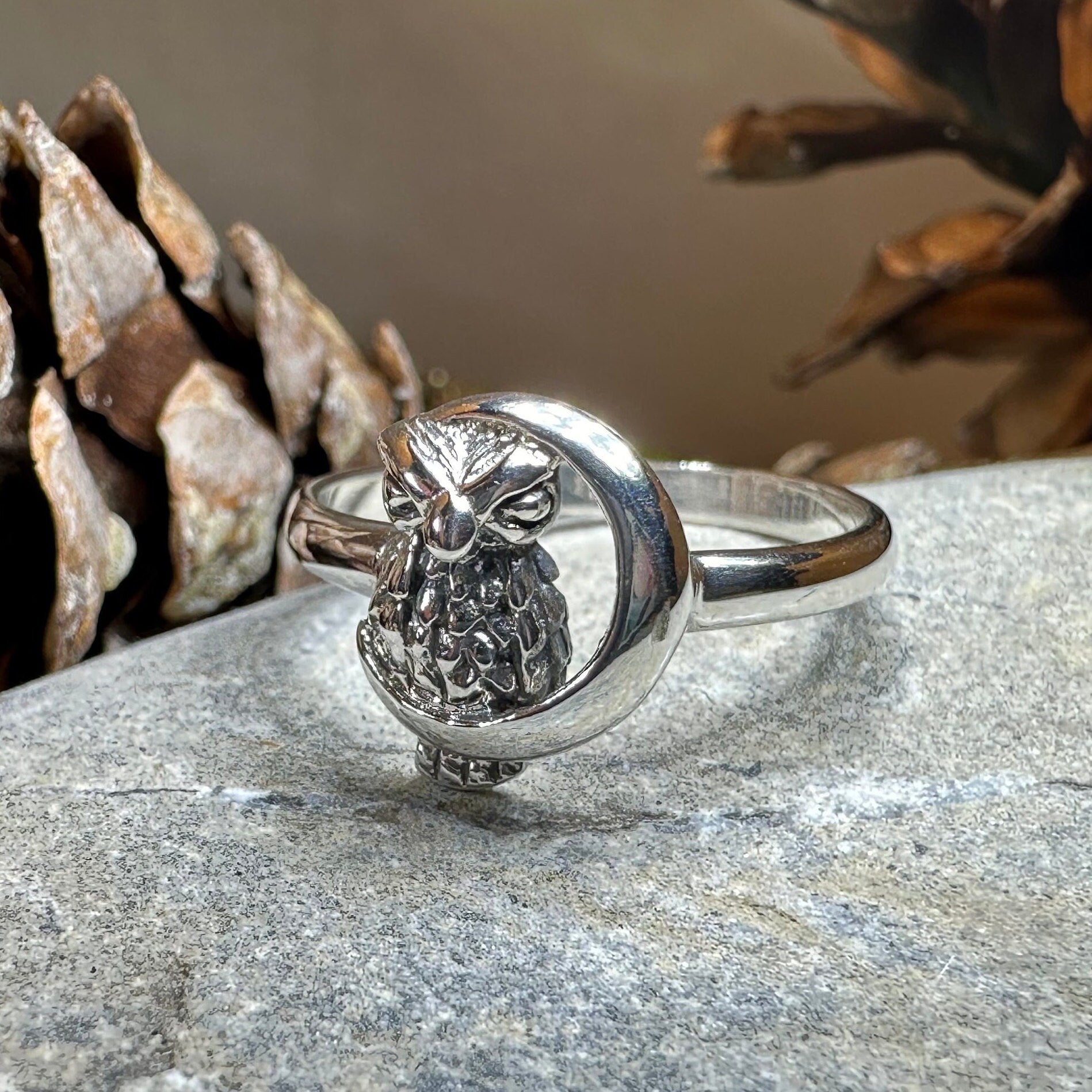 Owl Ring, Moon Jewelry, Silver Owl Jewelry, Nature Jewelry, Celtic Jewelry, Anniversary Gift, Wiccan Jewelry, Pagan Jewelry, Crescent Moon