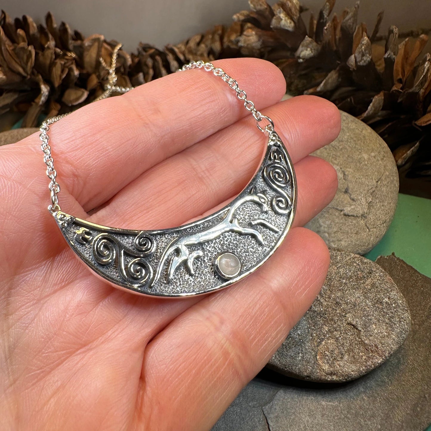 Epona Celtic Horse Moonstone Necklace in Sterling Silver