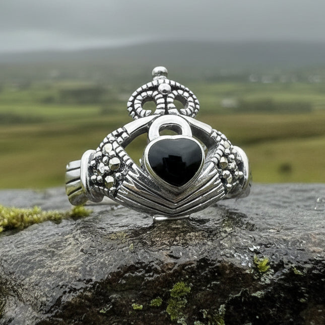 True Bond Onyx Irish Claddagh Ring in Sterling Silver