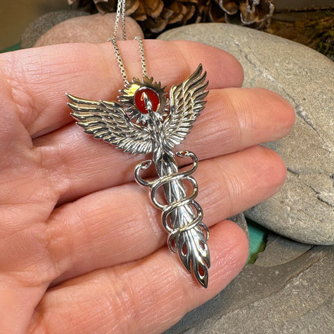 Load image into Gallery viewer, Caduceus Red Phoenix Necklace in Sterling Silver
