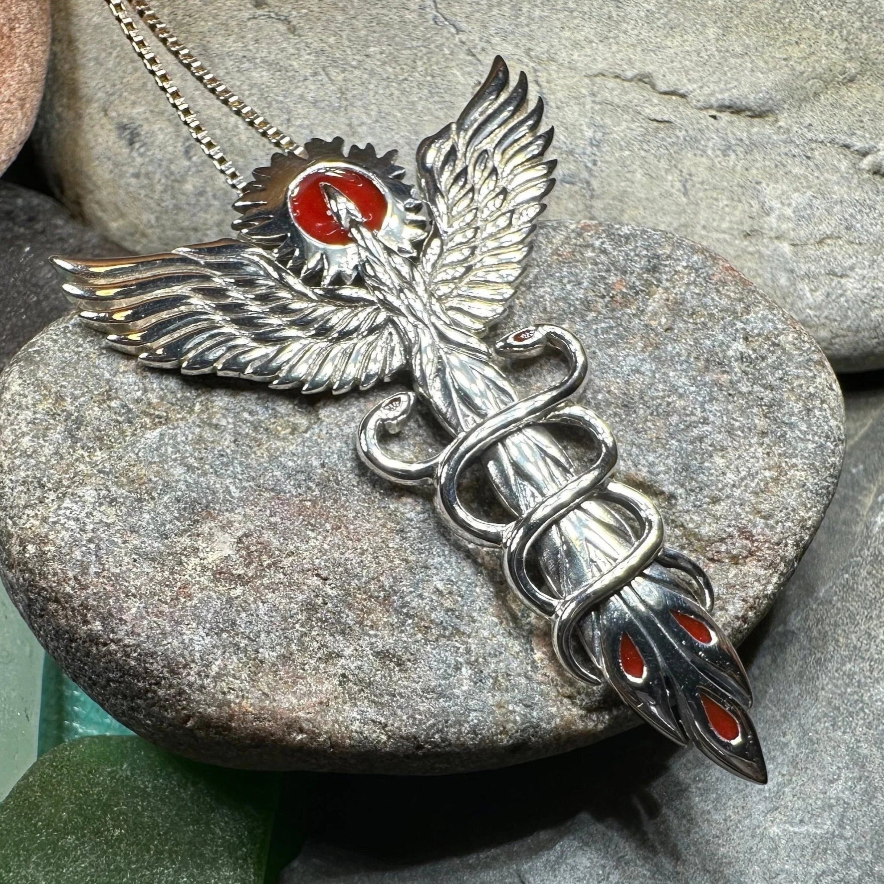 Caduceus Red Phoenix Necklace in Sterling Silver — view 2