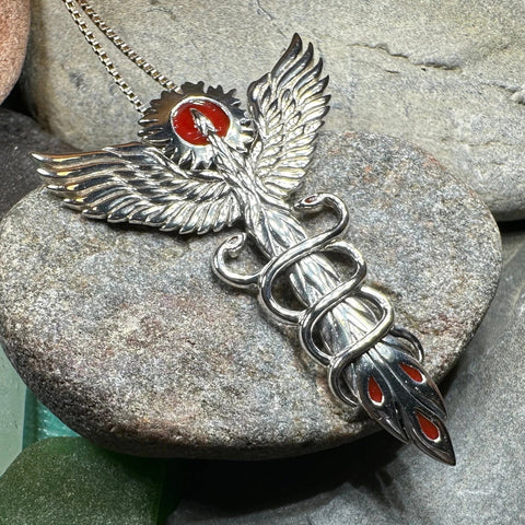 Load image into Gallery viewer, Caduceus Red Phoenix Necklace in Sterling Silver

