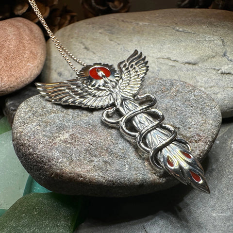 Load image into Gallery viewer, Caduceus Red Phoenix Necklace in Sterling Silver

