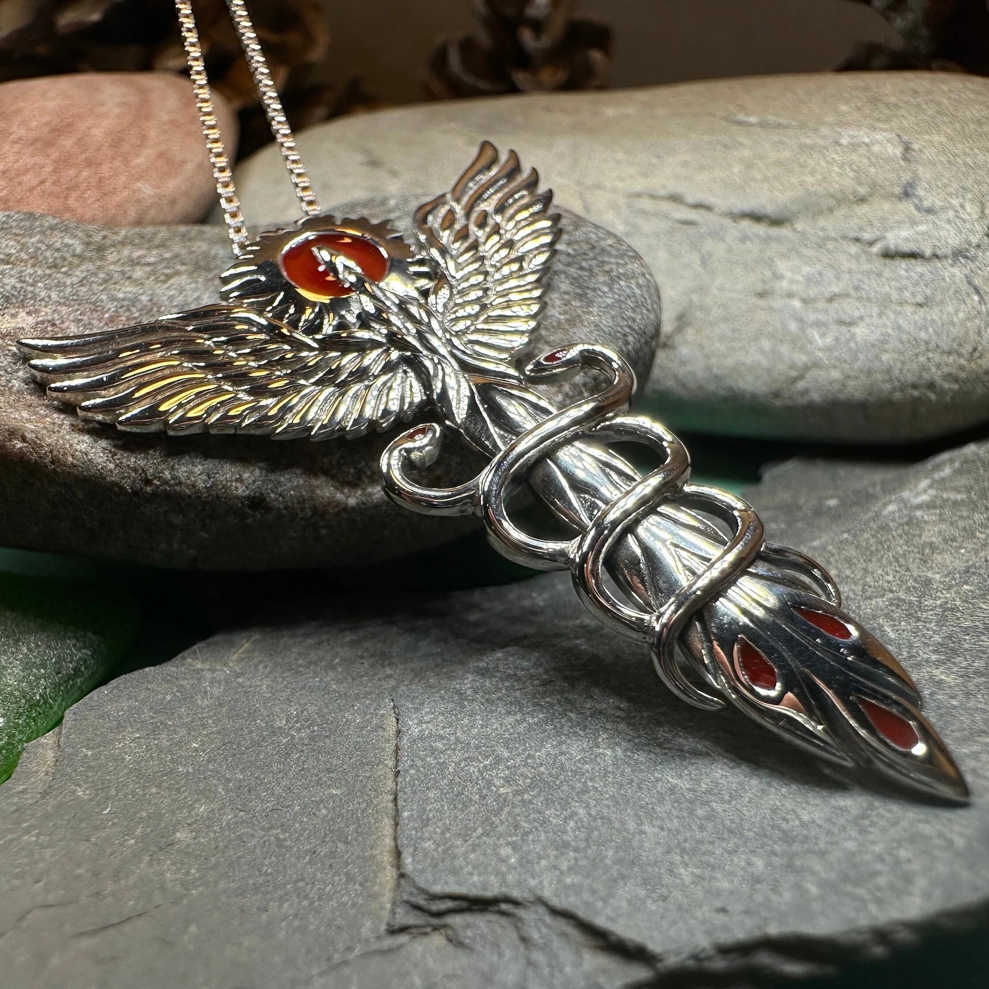 Caduceus Red Phoenix Necklace in Sterling Silver — view 5