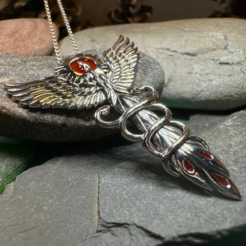 Load image into Gallery viewer, Caduceus Red Phoenix Necklace in Sterling Silver

