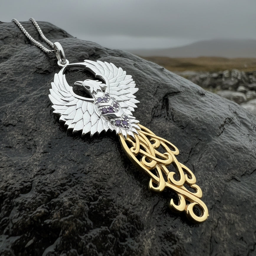 Golden Fire Phoenix Necklace in Sterling Silver