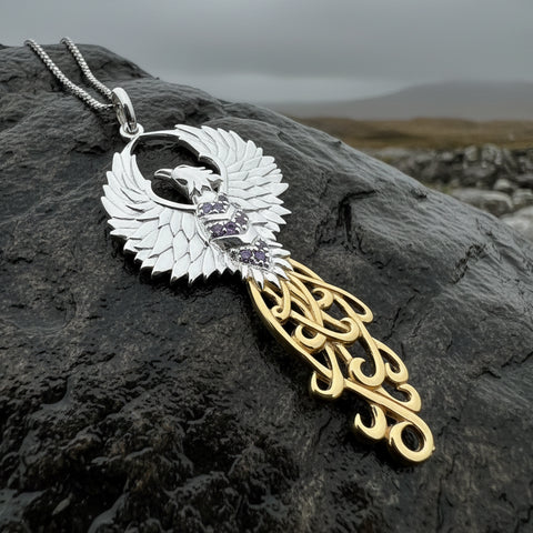 Load image into Gallery viewer, Golden Fire Phoenix Necklace in Sterling Silver
