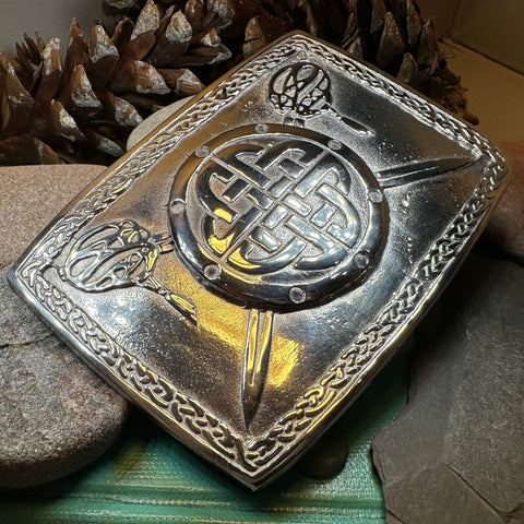 Load image into Gallery viewer, Celtic Kilt Belt Buckle, Scottish Belt Buckle, Pewter Buckle, Large Belt Buckle, Men's Celtic Gift, Irish Gift, Celtic Knot Buckle, Bagpiper
