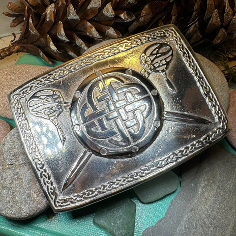 Load image into Gallery viewer, Celtic Kilt Belt Buckle, Scottish Belt Buckle, Pewter Buckle, Large Belt Buckle, Men's Celtic Gift, Irish Gift, Celtic Knot Buckle, Bagpiper
