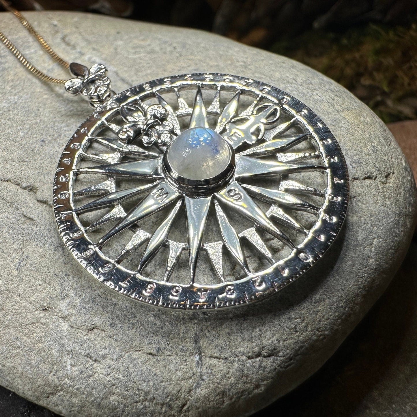 Compass Necklace, Celtic Pendant, Elven Star Jewelry, Moonstone, Anniversary Gift, Outlander Jewelry, Fluer De Lis Jewelry, True North