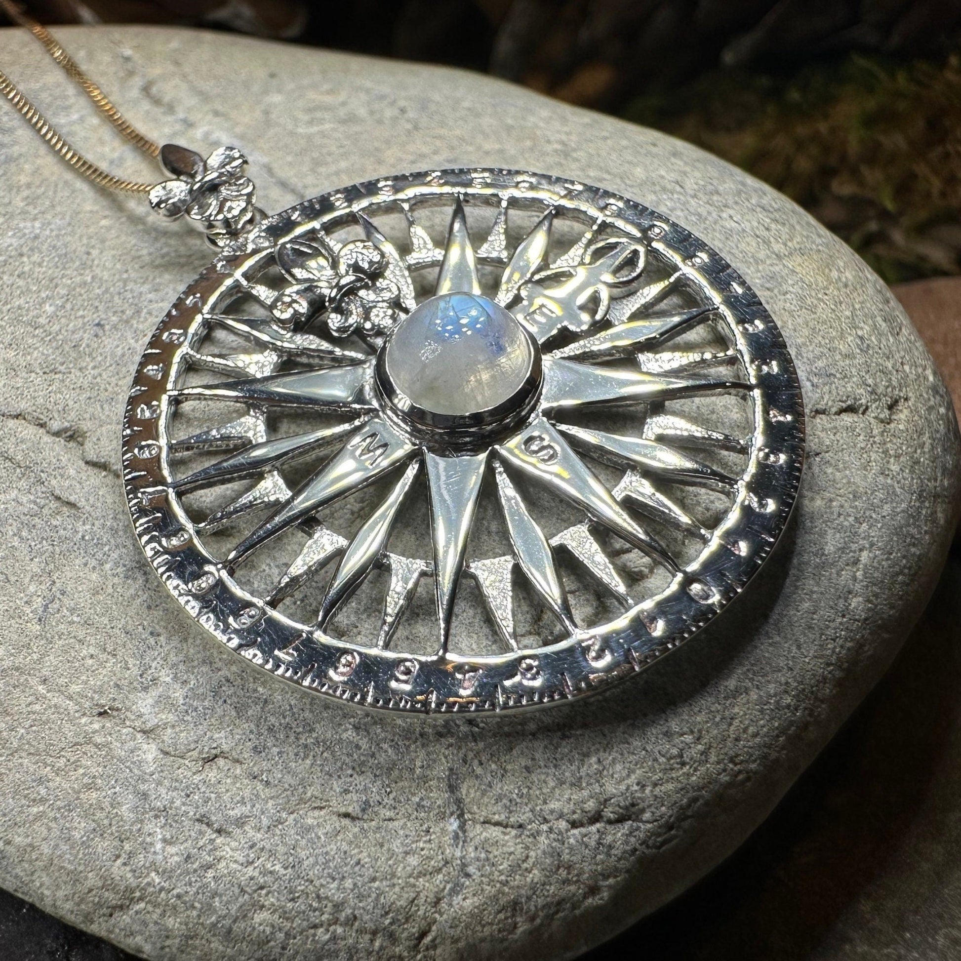 Compass Necklace, Celtic Pendant, Elven Star Jewelry, Moonstone, Anniversary Gift, Outlander Jewelry, Fluer De Lis Jewelry, True North