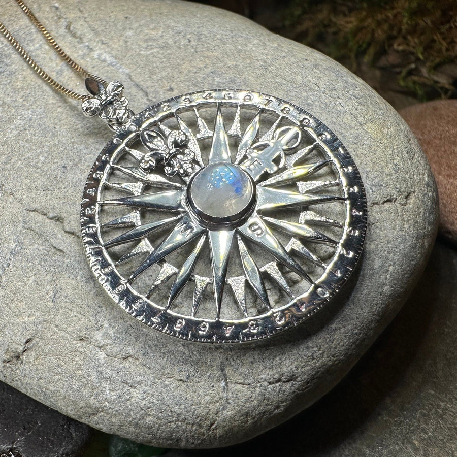 Compass Necklace, Celtic Pendant, Elven Star Jewelry, Moonstone, Anniversary Gift, Outlander Jewelry, Fluer De Lis Jewelry, True North