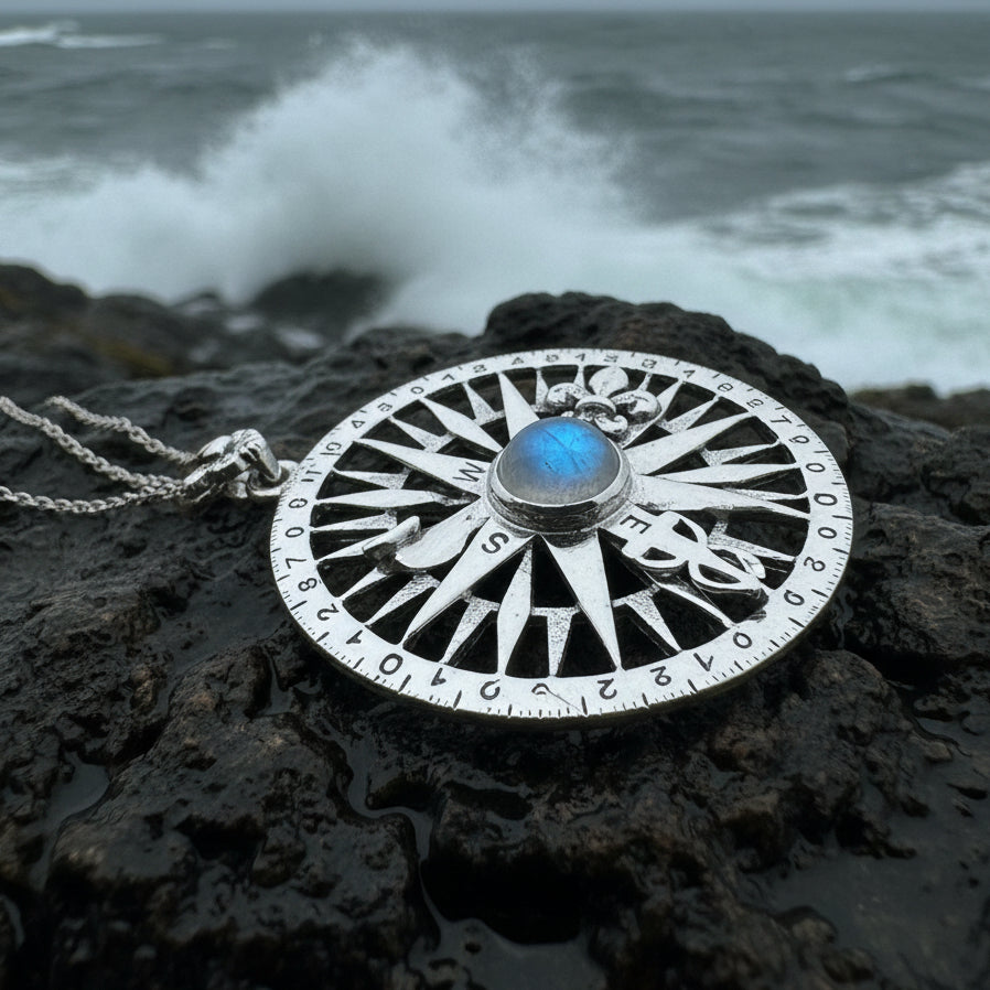 Compass Necklace, Celtic Pendant, Elven Star Jewelry, Moonstone, Anniversary Gift, Outlander Jewelry, Fluer De Lis Jewelry, True North