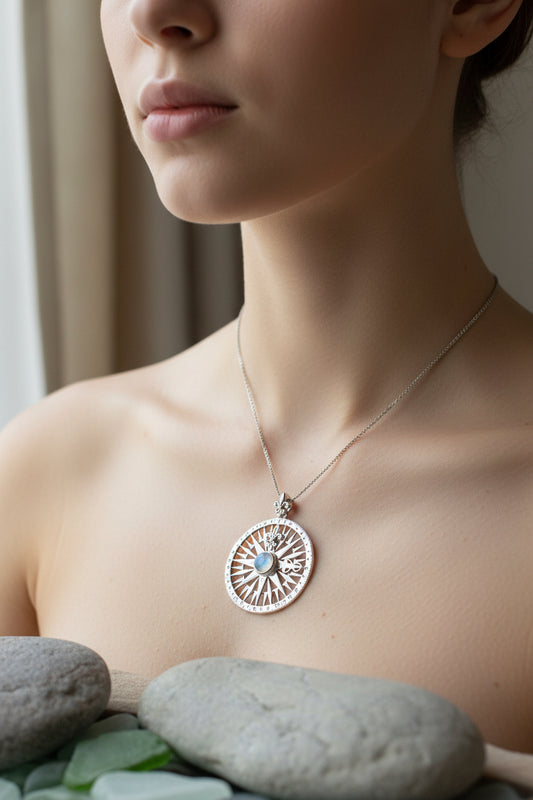 Compass Necklace, Celtic Pendant, Elven Star Jewelry, Moonstone, Anniversary Gift, Outlander Jewelry, Fluer De Lis Jewelry, True North