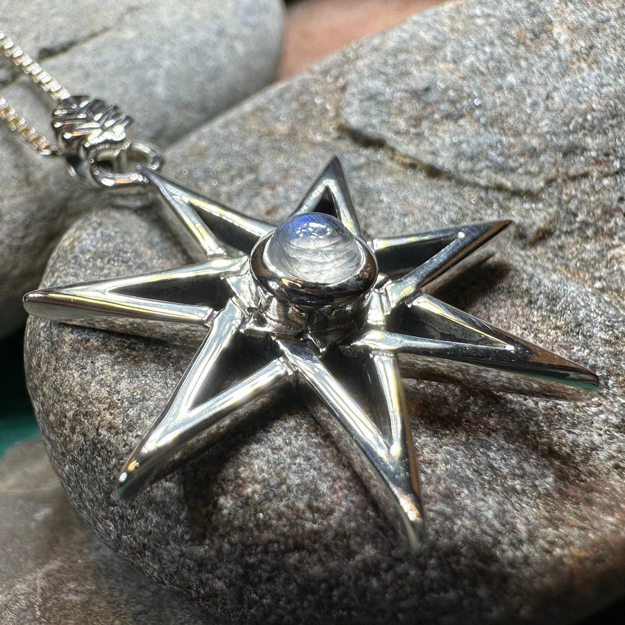 Elven Star Necklace, Seven Pointed Star Necklace, Celestial Pendant, Wiccan Jewelry, Moonstone Pendant, Pagan Jewelry, Oak Leaf, Mystical