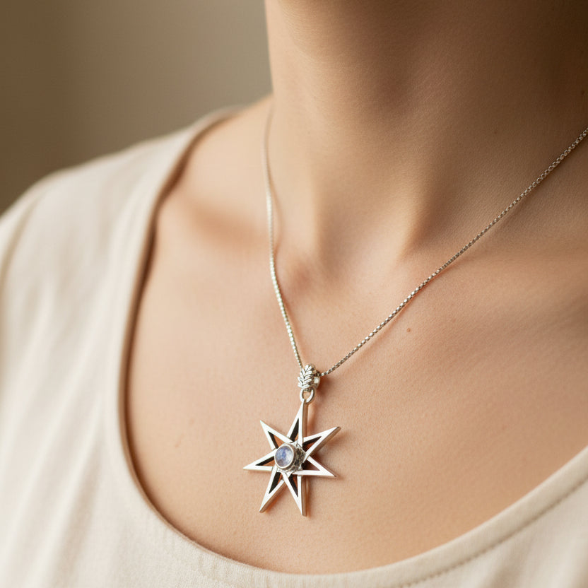 Elven Star Necklace, Seven Pointed Star Necklace, Celestial Pendant, Wiccan Jewelry, Moonstone Pendant, Pagan Jewelry, Oak Leaf, Mystical