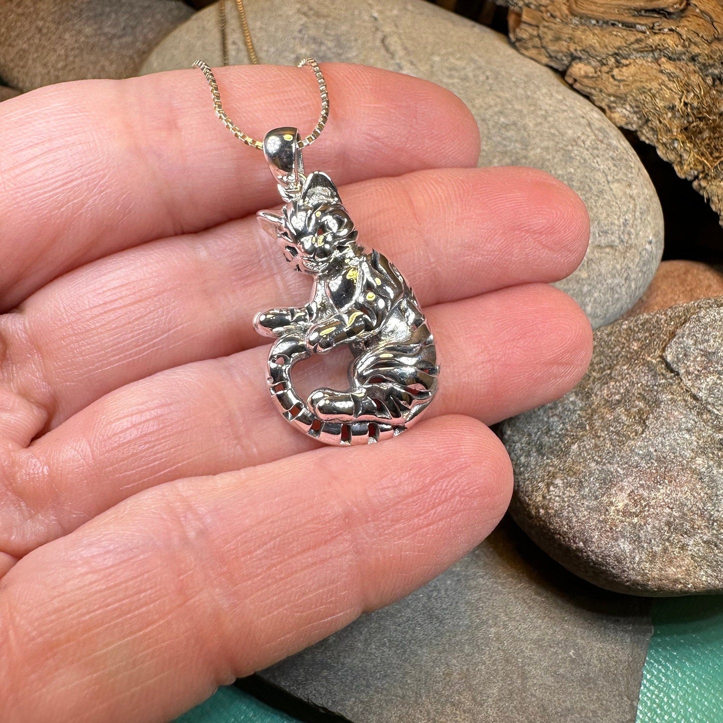 Playful Tabby Cat Necklace in Sterling Silver — view 6