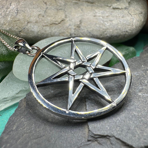 Load image into Gallery viewer, Elven Star Necklace, Seven Pointed Star Necklace, Celestial Pendant, Wiccan Jewelry, Witch Pendant, Pagan Jewelry, Oak Leaf, Mystical

