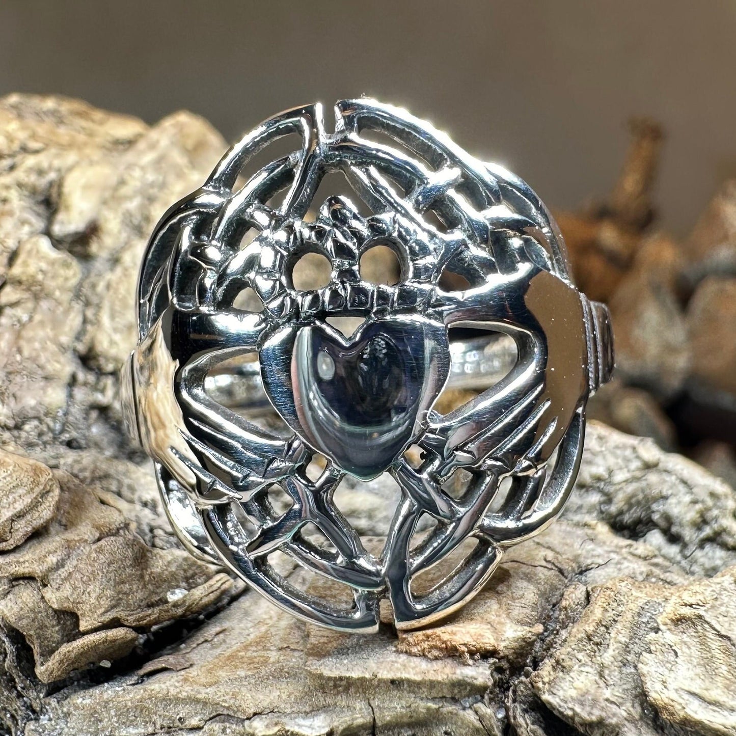 Irish Lace Claddagh Ring in Sterling Silver — view 6