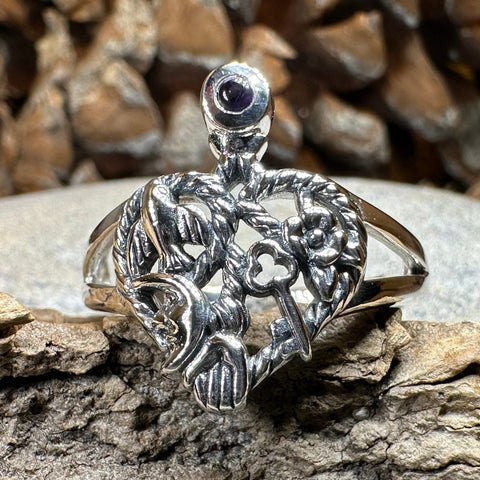 Load image into Gallery viewer, Cimaruta Ring, Italian Ring, Wiccan Jewelry, Celtic Jewelry, Pagan Ring, Witch Gift, Protection Charm, Pagan Ring, Amethyst Wiccan Ring

