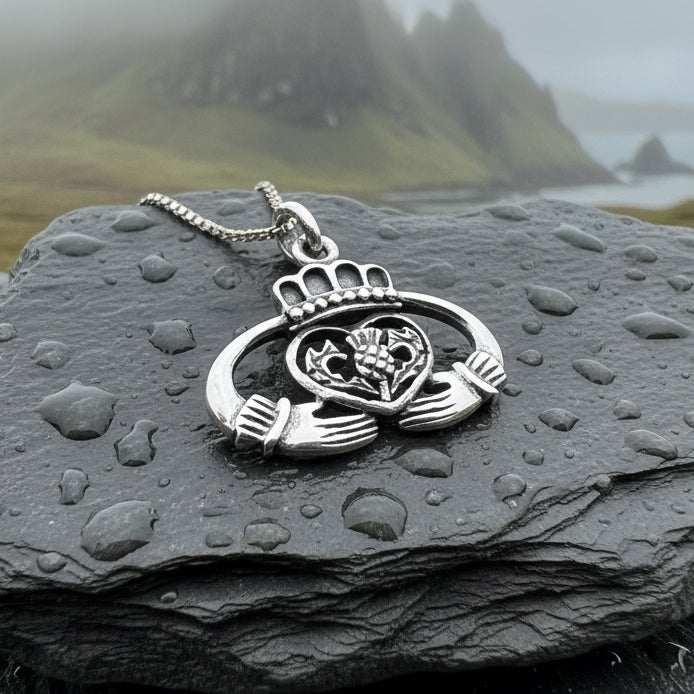 Claddagh Thistle Pendant, Scottish Necklace, Irish Jewelry, Scotland Gift, Bridal Jewelry, Ireland Gift, Celtic Pendant, Claddagh Jewelry