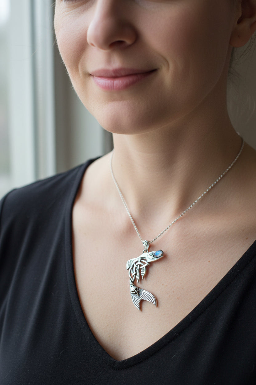 Salmon of Knowledge Necklace, Celtic Jewelry, Irish Necklace, Graduation Gift, Teacher Gift, Celtic Fish Necklace, Wiccan Jewelry, Moonstone