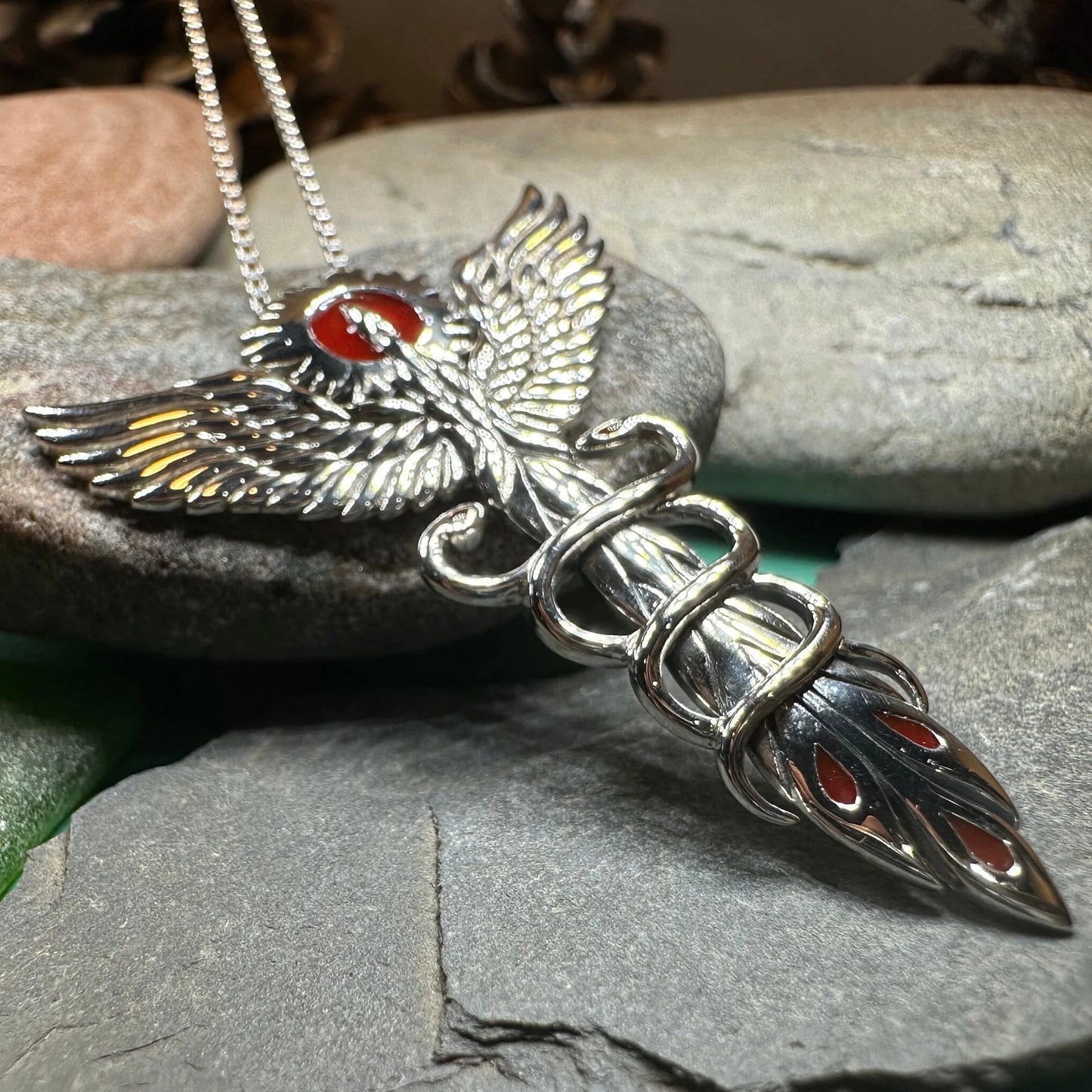 Caduceus Red Phoenix Necklace in Sterling Silver — view 7