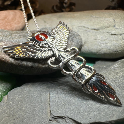 Load image into Gallery viewer, Caduceus Red Phoenix Necklace in Sterling Silver

