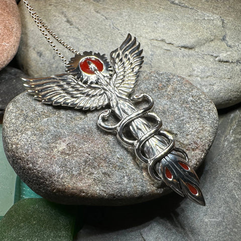 Load image into Gallery viewer, Caduceus Red Phoenix Necklace in Sterling Silver
