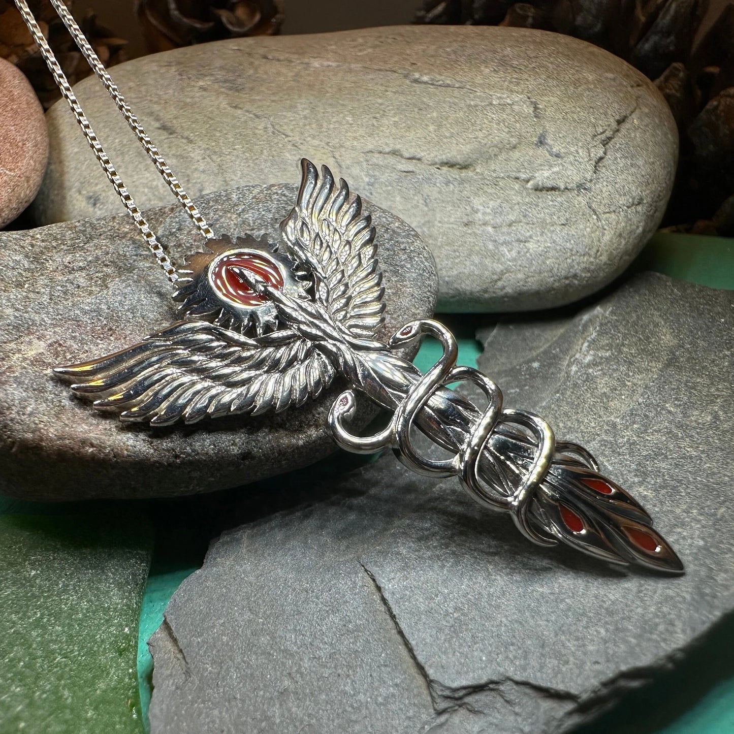 Caduceus Red Phoenix Necklace in Sterling Silver — view 9