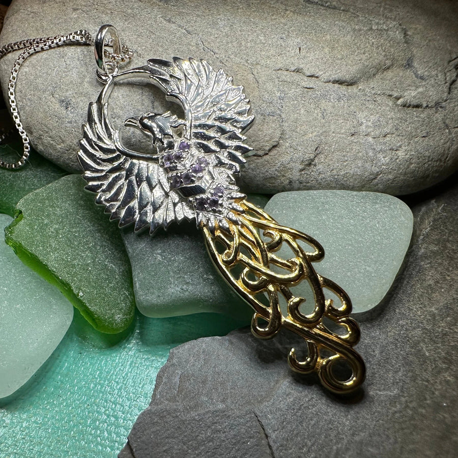 Golden Fire Phoenix Necklace in Sterling Silver