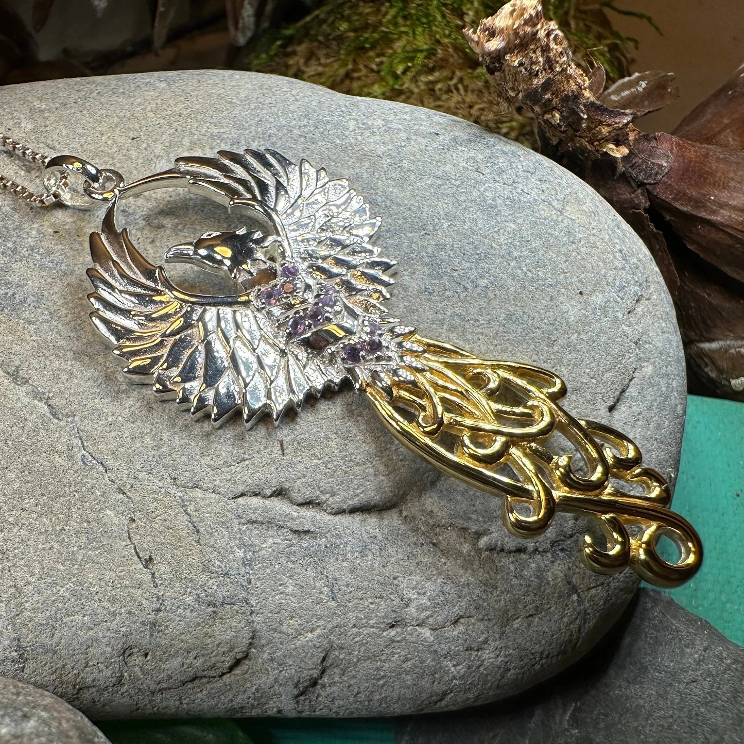 Golden Fire Phoenix Necklace in Sterling Silver