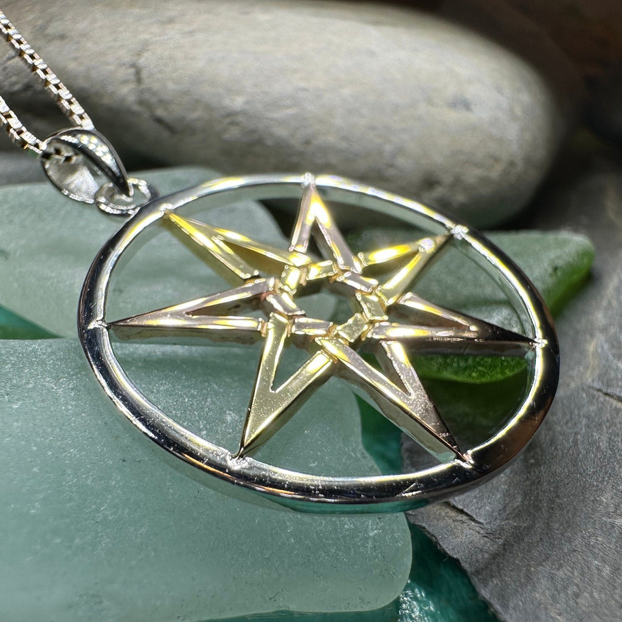 Elven Star Necklace, Seven Pointed Star Necklace, Celestial Pendant, Wiccan Jewelry, Moonstone Pendant, Pagan Jewelry, Oak Leaf, Mystical