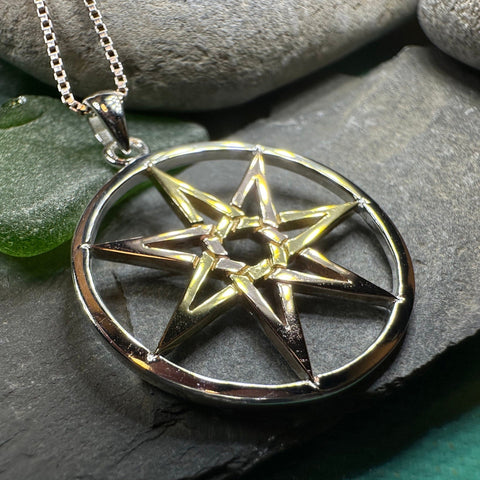 Load image into Gallery viewer, Elven Star Necklace, Seven Pointed Star Necklace, Celestial Pendant, Wiccan Jewelry, Moonstone Pendant, Pagan Jewelry, Oak Leaf, Mystical
