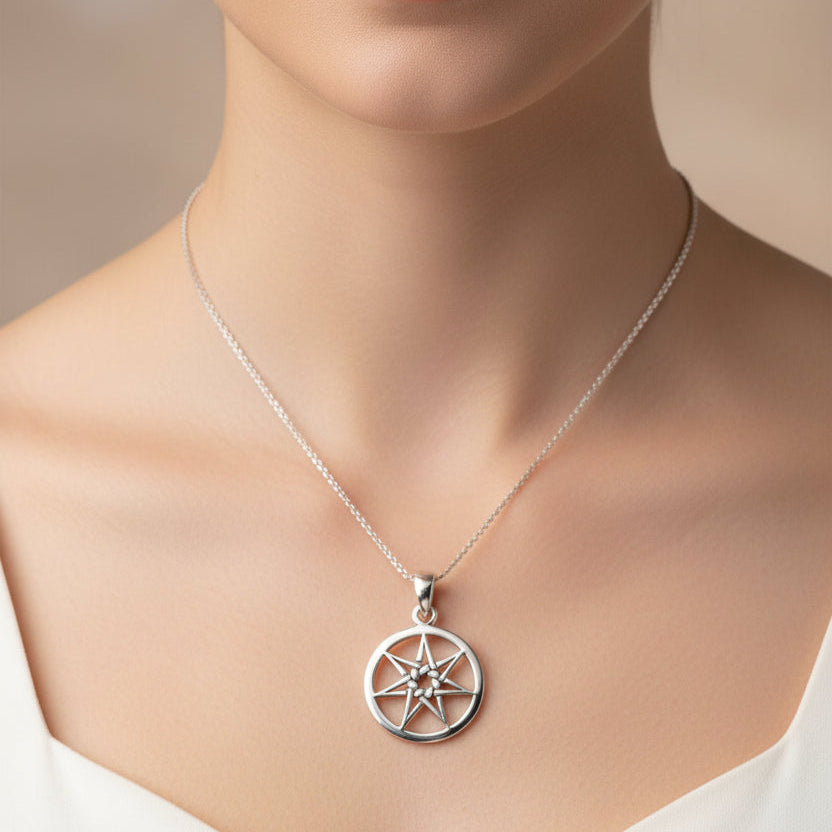 Petite Elven Star Necklace, Seven Pointed Star Necklace, Celestial Pendant, Wiccan Jewelry, Witch Pendant, Pagan Jewelry, Oak Leaf, Mystical