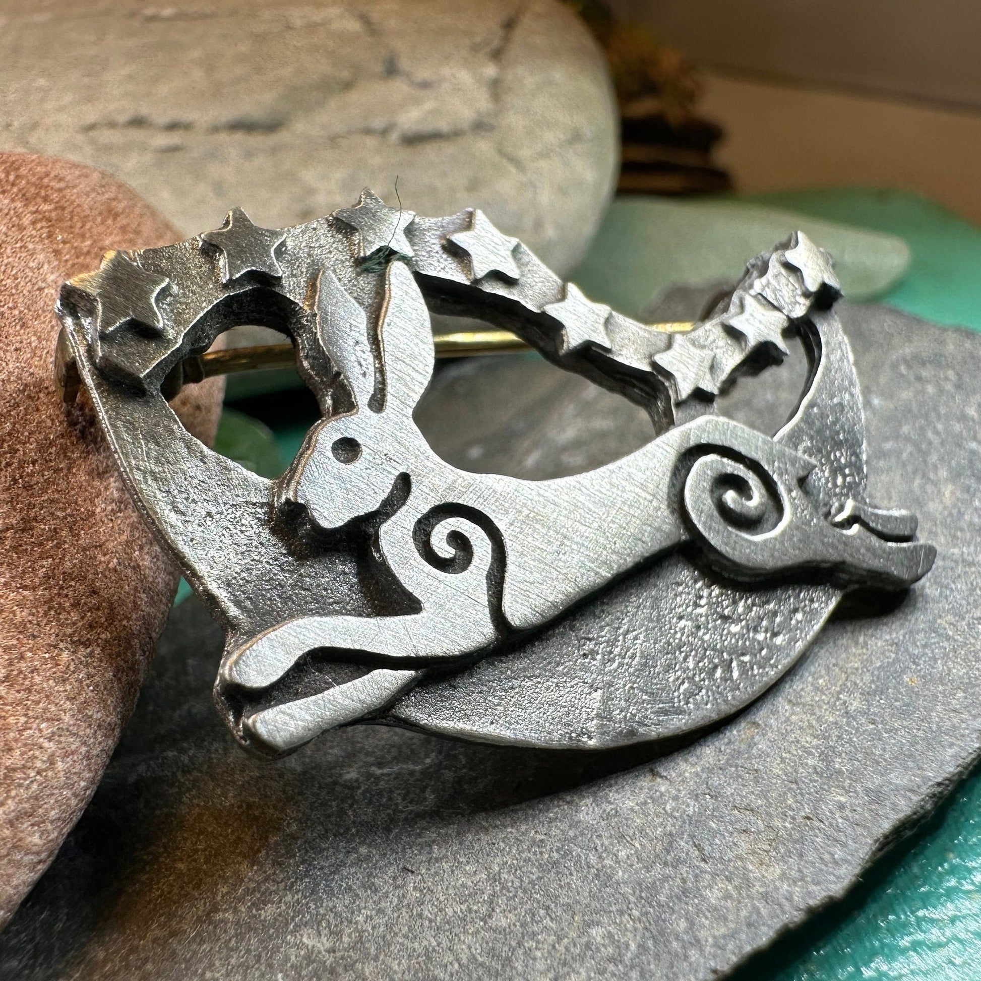 Celtic Rabbit Brooch, Nature Jewelry, Hare Pin, Celestial Stars Pin, Animal Jewelry, New Beginnings, Inspirational Gift, Wife Gift, Mom Gift