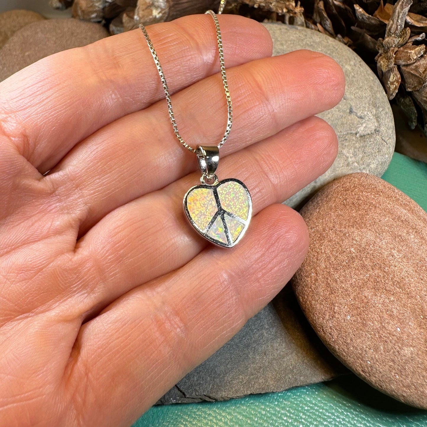 Peace Sign Necklace, Opal Jewelry, Heart Pendant, Hippie Jewelry, Yoga Gift, Sister Gift, Girlfriend Gift, Graduation Gift, October Birthday