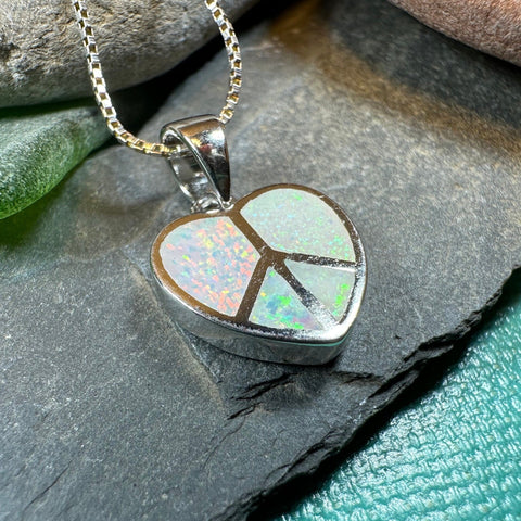 Load image into Gallery viewer, Peace Sign Necklace, Opal Jewelry, Heart Pendant, Hippie Jewelry, Yoga Gift, Sister Gift, Girlfriend Gift, Graduation Gift, October Birthday
