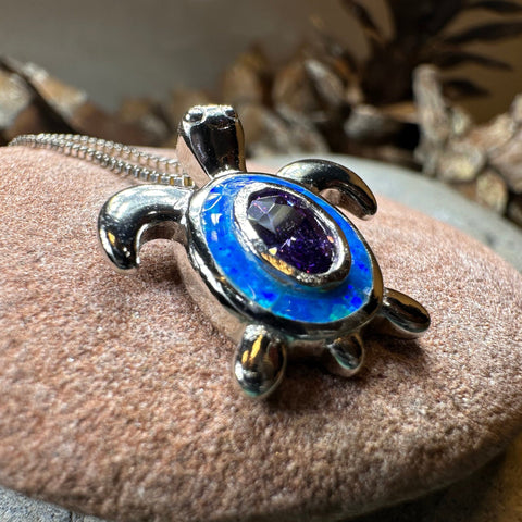 Load image into Gallery viewer, Turtle Necklace, Blue Opal Pendant, Beach Jewelry, Graduation Gift, Anniversary Gift, Sea Turtle Necklace, Mom Gift, Amethyst Jewelry
