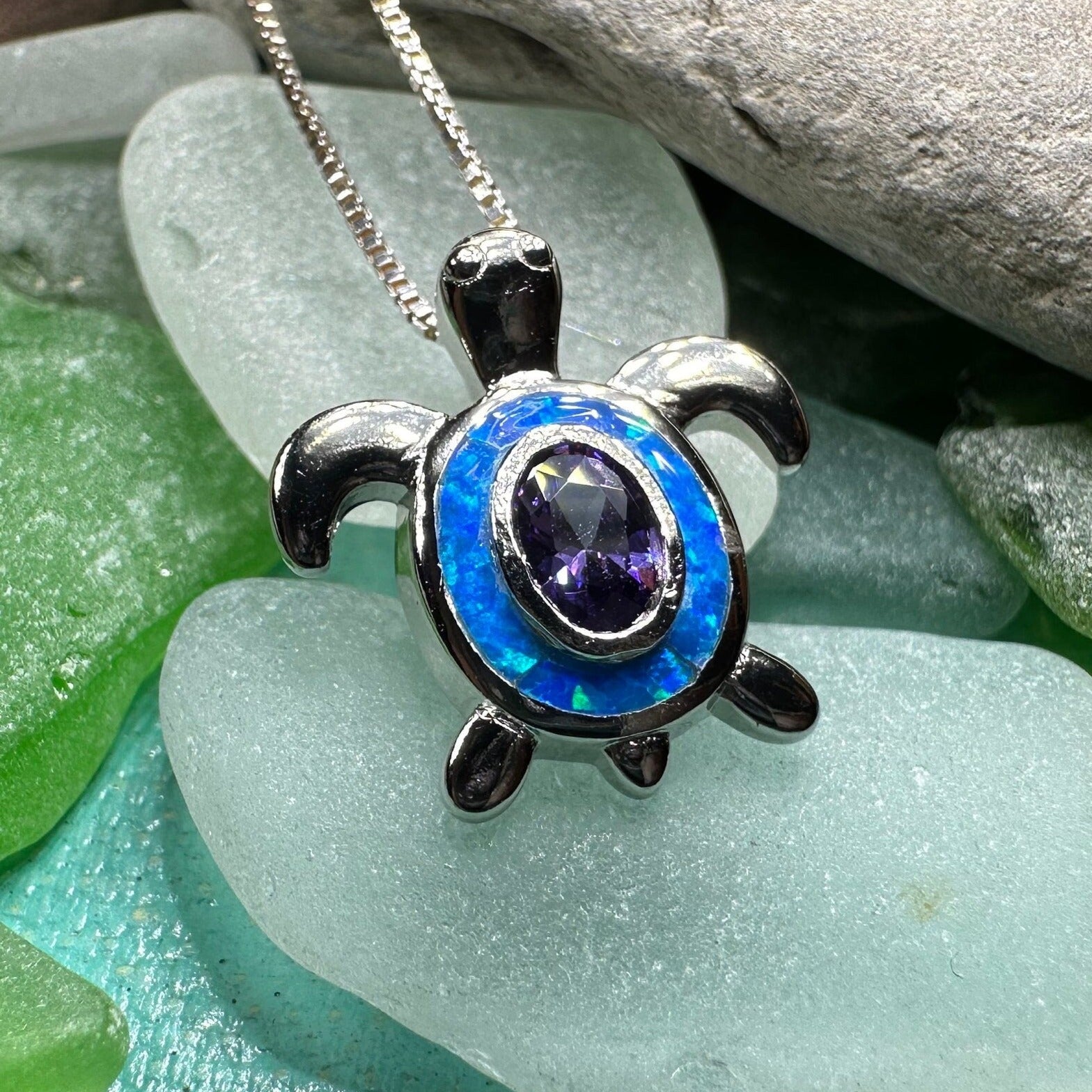 Turtle Necklace, Blue Opal Pendant, Beach Jewelry, Graduation Gift, Anniversary Gift, Sea Turtle Necklace, Mom Gift, Amethyst Jewelry