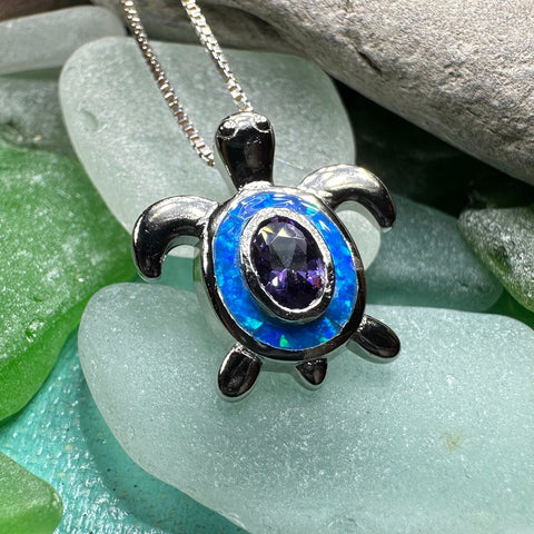 Load image into Gallery viewer, Turtle Necklace, Blue Opal Pendant, Beach Jewelry, Graduation Gift, Anniversary Gift, Sea Turtle Necklace, Mom Gift, Amethyst Jewelry
