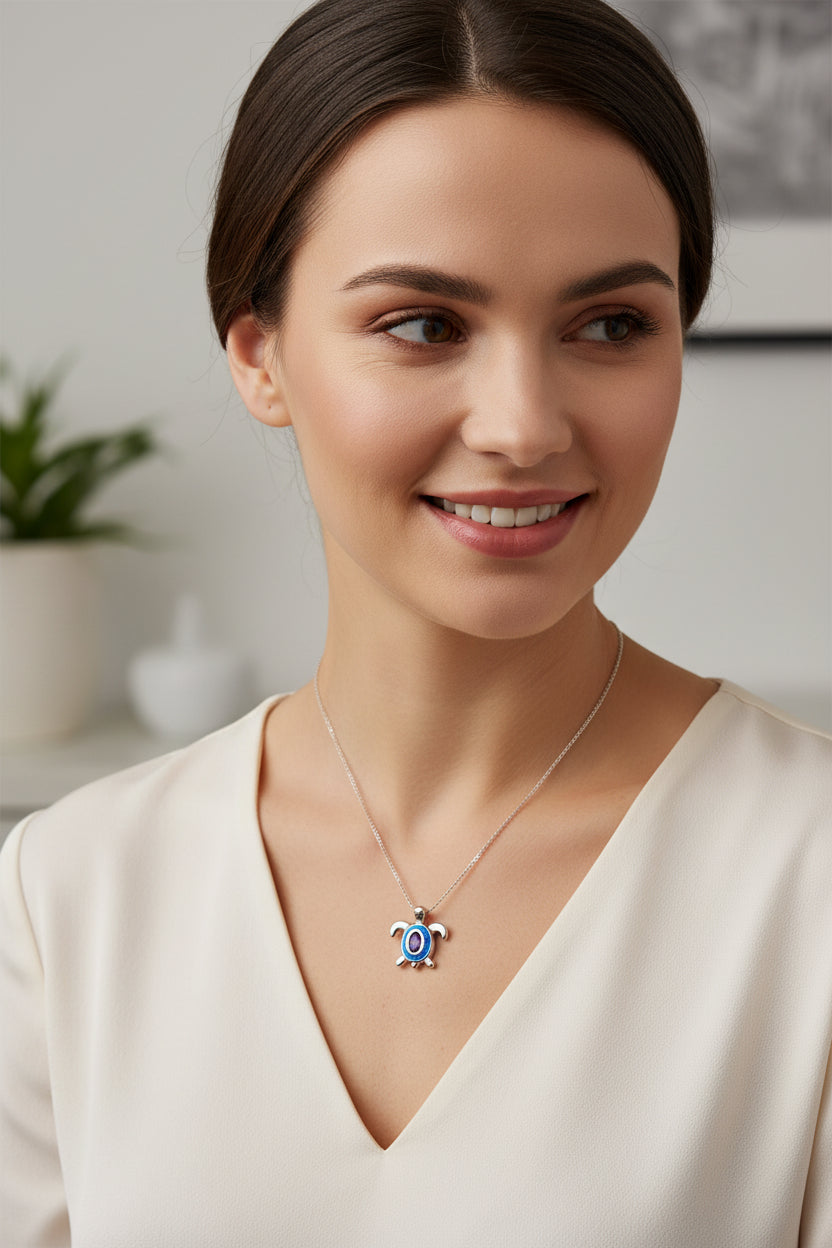 Turtle Necklace, Blue Opal Pendant, Beach Jewelry, Graduation Gift, Anniversary Gift, Sea Turtle Necklace, Mom Gift, Amethyst Jewelry