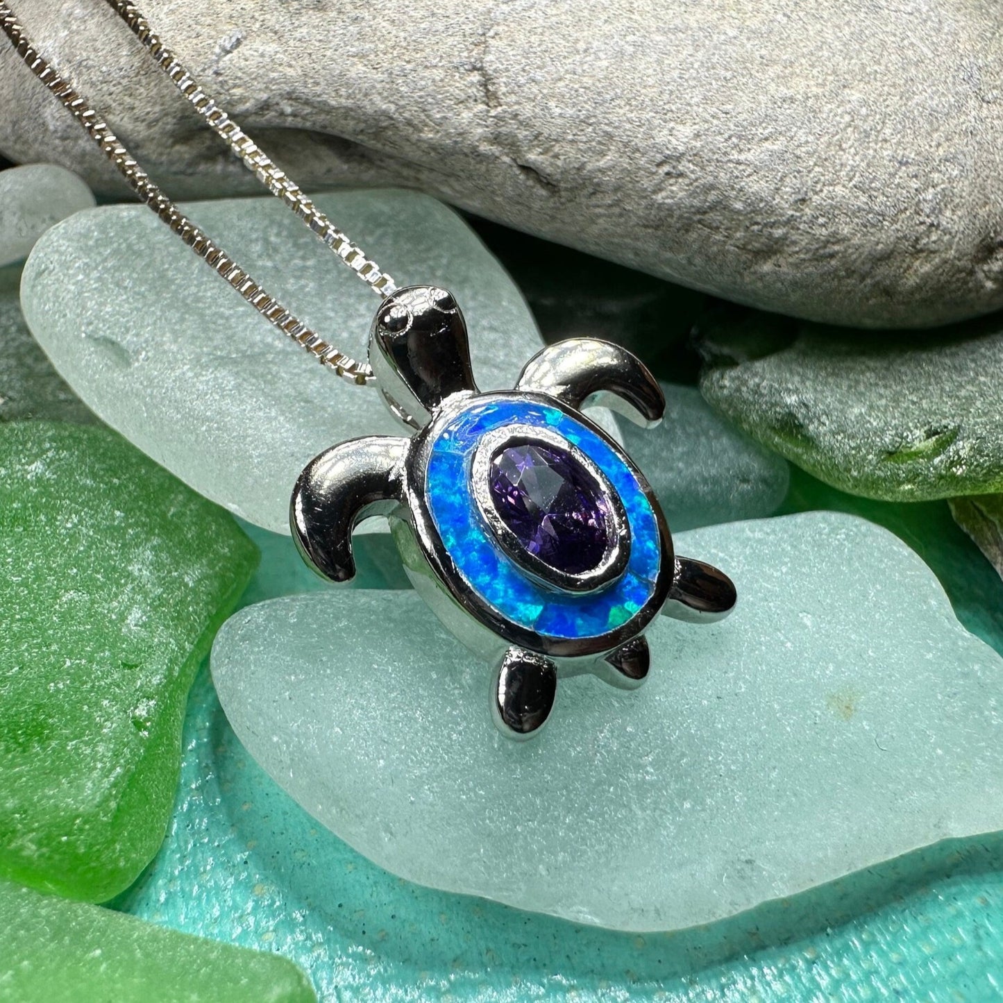 Turtle Necklace, Blue Opal Pendant, Beach Jewelry, Graduation Gift, Anniversary Gift, Sea Turtle Necklace, Mom Gift, Amethyst Jewelry