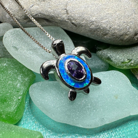 Load image into Gallery viewer, Turtle Necklace, Blue Opal Pendant, Beach Jewelry, Graduation Gift, Anniversary Gift, Sea Turtle Necklace, Mom Gift, Amethyst Jewelry
