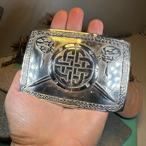 Load image into Gallery viewer, Celtic Kilt Belt Buckle, Scottish Belt Buckle, Pewter Buckle, Large Belt Buckle, Men's Celtic Gift, Irish Gift, Celtic Knot Buckle, Bagpiper
